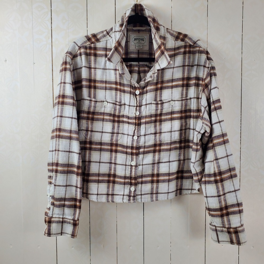 American Eagle Cropped Plaid Flannel Shirt Brown Cream Cotton‎ Large 100% Cotton